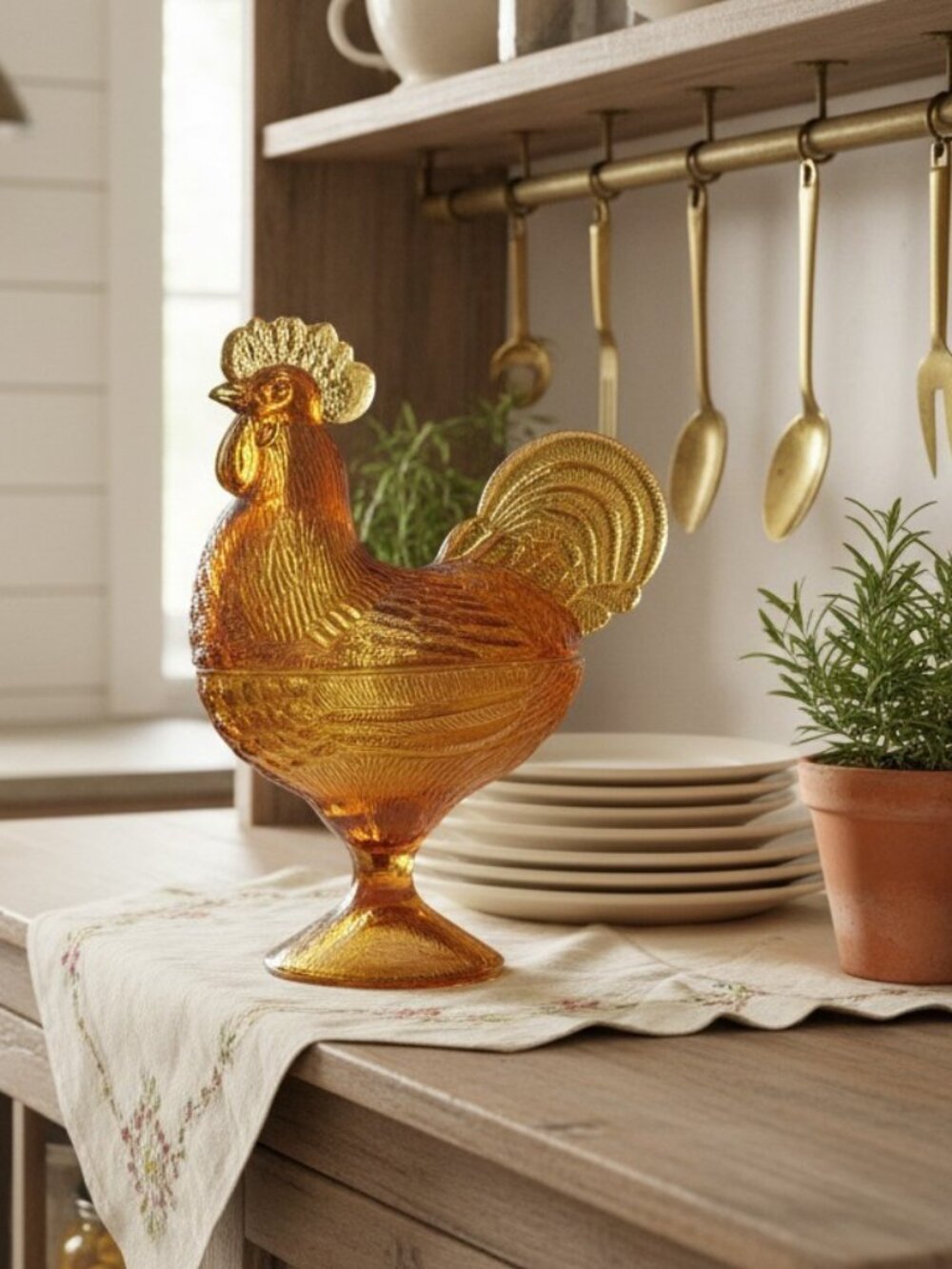 Vintage Westmoreland Amber Glass Rooster Hen on Nest Covered Candy Dish 8.5"